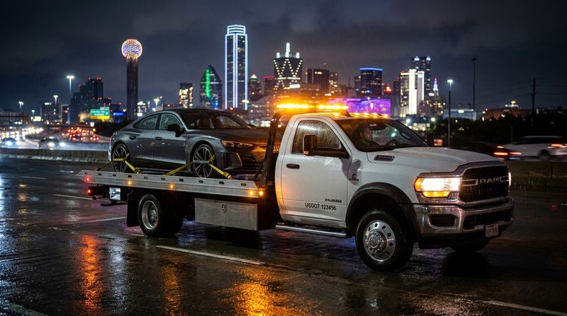Modern hydraulic rollback flatbed tow truck dispatched in Miami