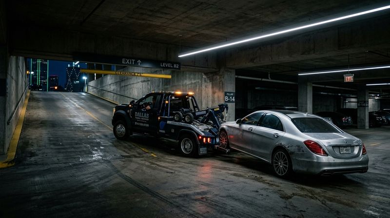 Low clearance tow truck maneuvering tight underground garage
